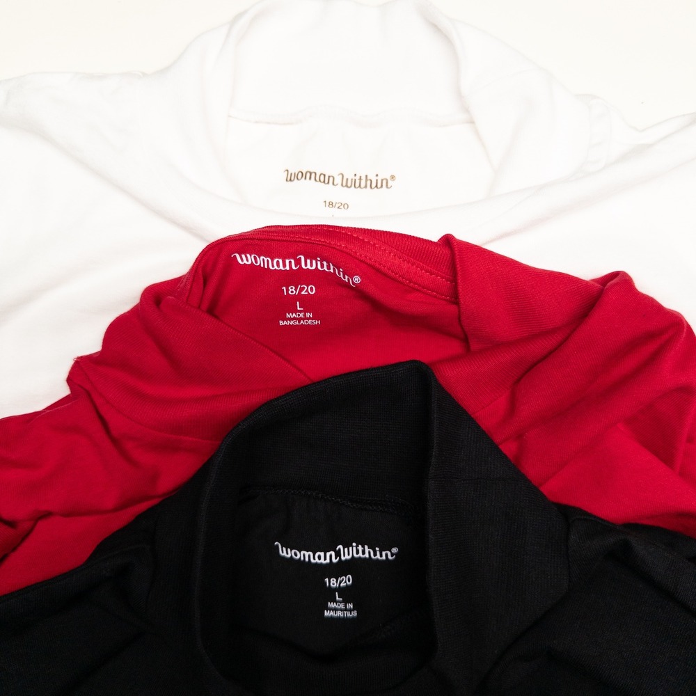 Woman Within Shirt Lot of 3 Mock Neck Tops L 18/20 Black Red White Long Sleeve